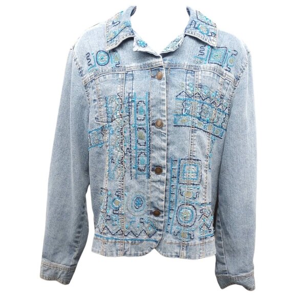 Hearts of Palm Blue Denim Jean Jacket Woman Size 8 Embroidered Beaded - Picture 1 of 16